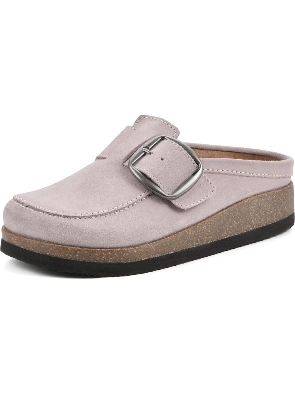🆕Women's Lavender Suede Leather Big Buckle Foot bed Clogs Flat Slip On Mules